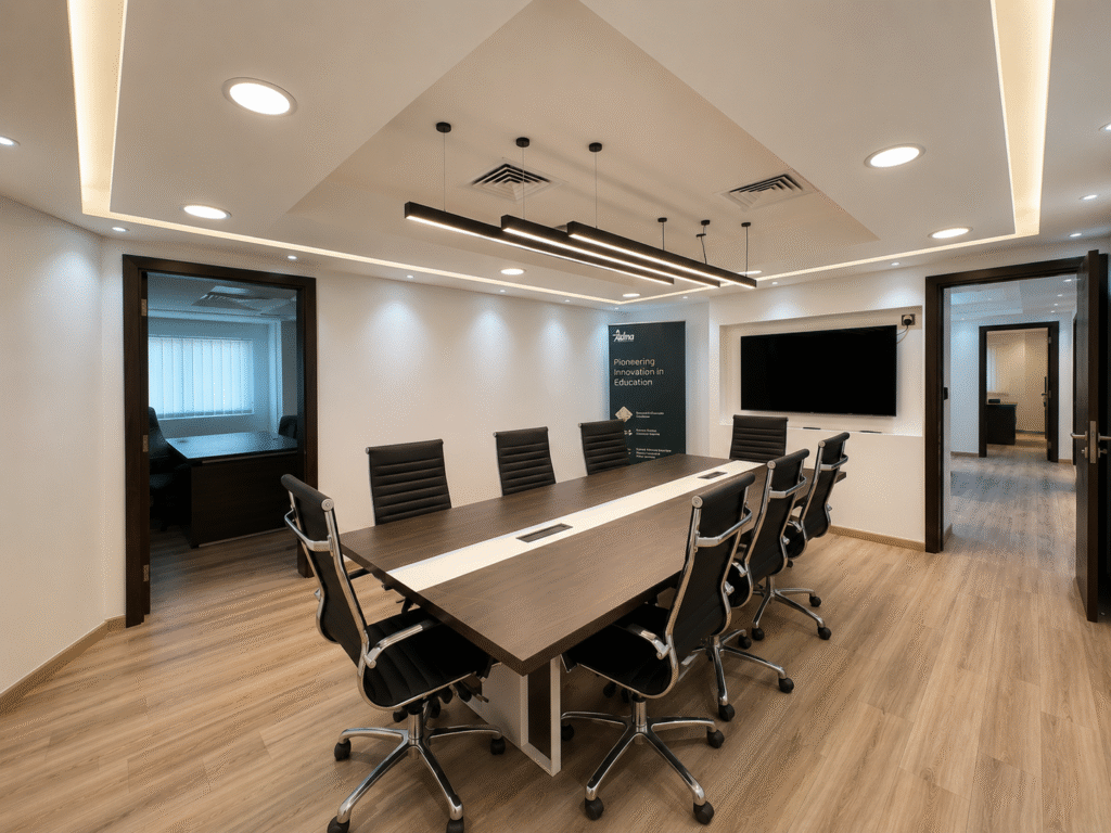 Corporate office fit-out for Via House Nova Real Estate – SP LLC in Abu Dhabi by Esquinas Interiors, featuring modern real estate office design, premium finishes, custom joinery, and contemporary workspace interiors.