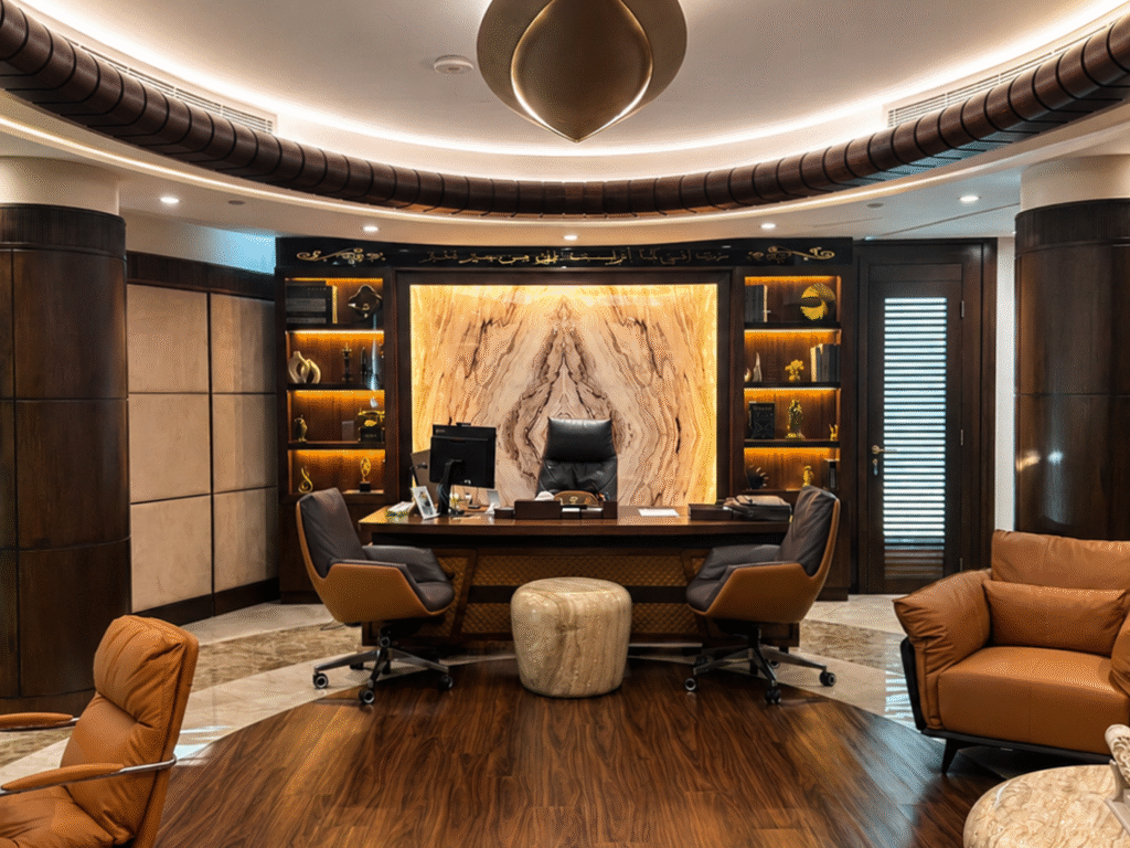 Corporate office fit-out for Office Lab Administration Services in Abu Dhabi by Esquinas Interiors, featuring modern workspace design, custom joinery, premium finishes, and contemporary office interiors.